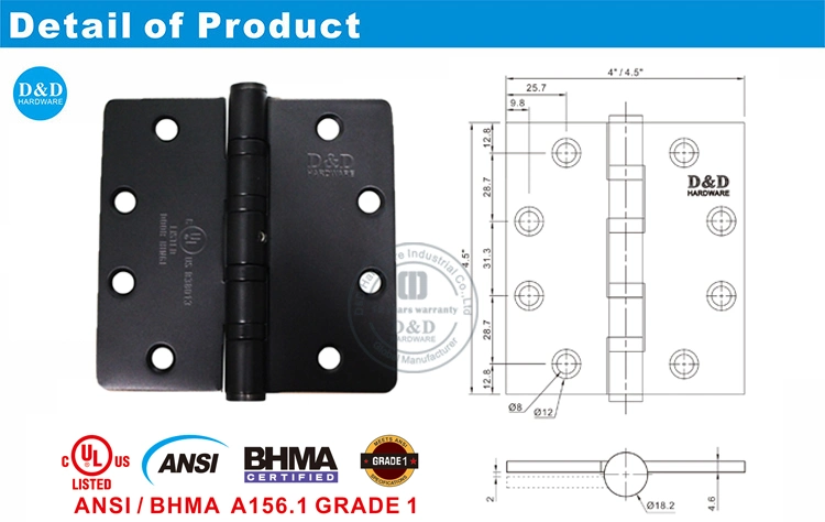 Stainless Steel 304 UL ANSI Black Butt Furniture Hardware Hinge Heavy Duty Types Silver Security Pivot Ball Bearing Commercial Metal Door Hinge